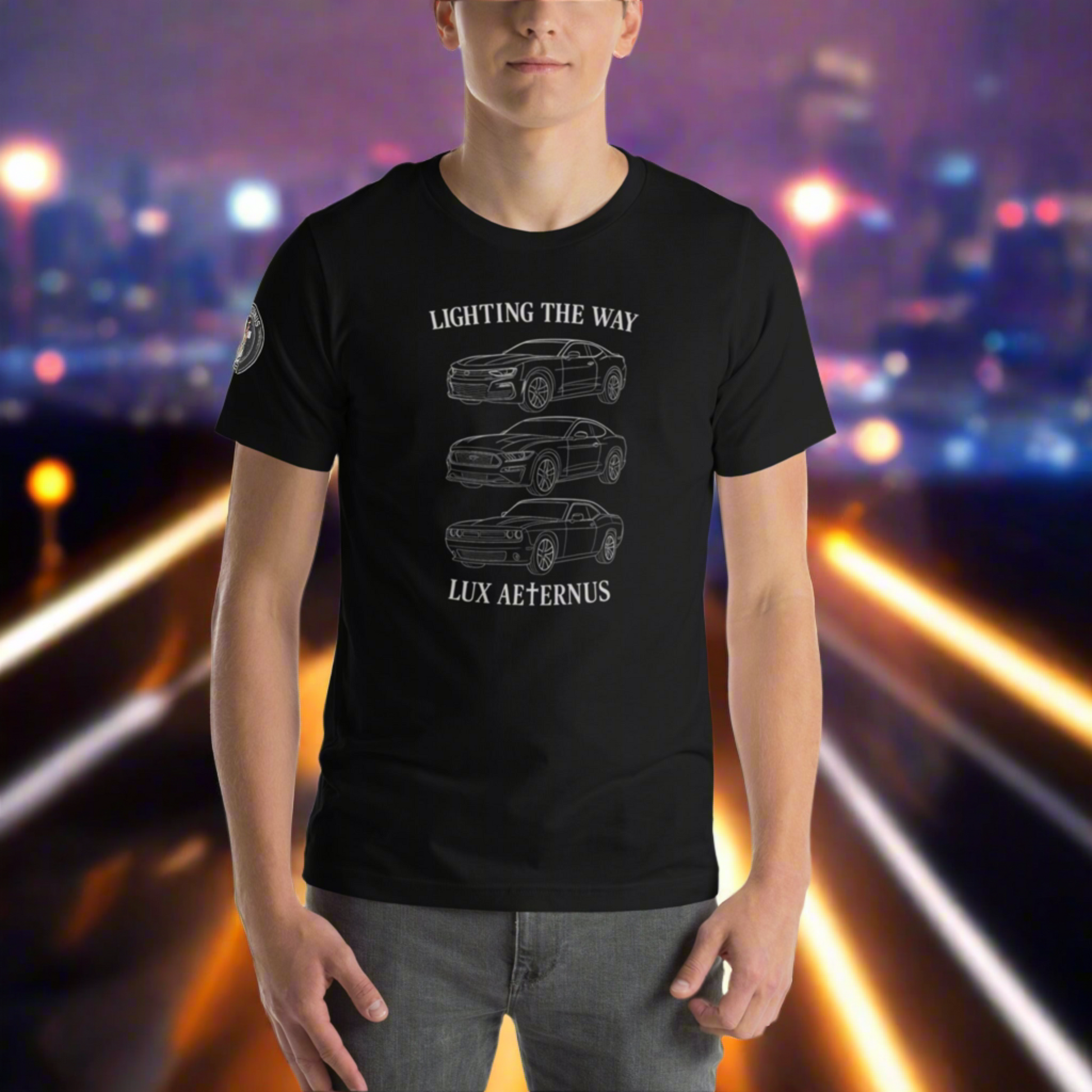 Person wearing a black t-shirt with car graphics and text against a cityscape background