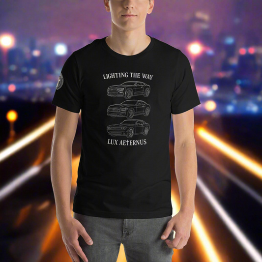 Person wearing a black t-shirt with car graphics and text against a cityscape background